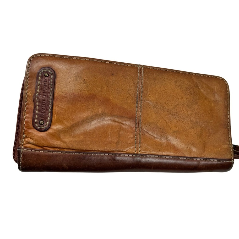 Vintage Fossil Travel Wallet Organizer Unisex Brown Leather Zip‎ Around Passport